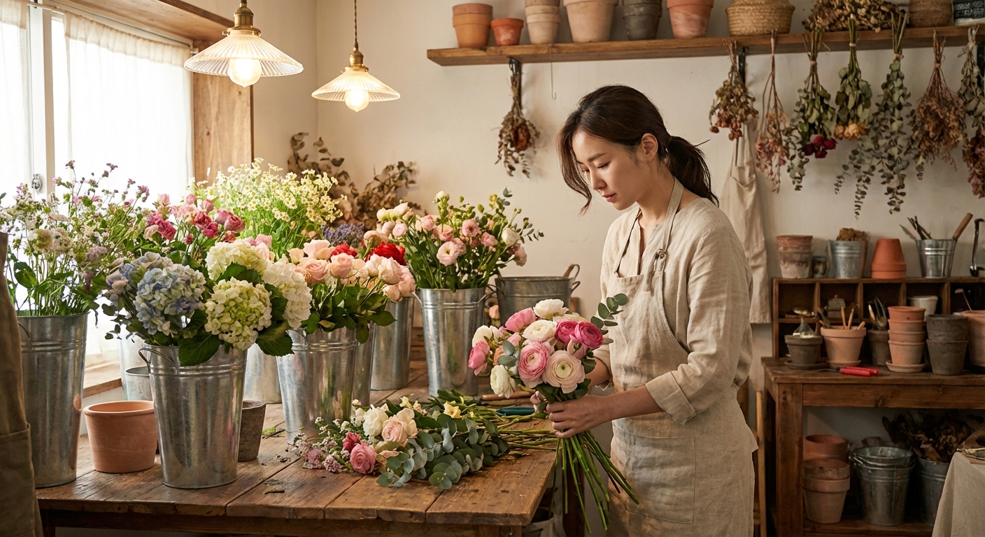 플로리스트가 꽃을 정리하는 모습