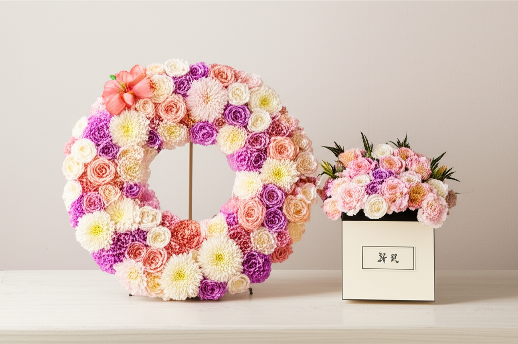 축하 화환과 조화 장식